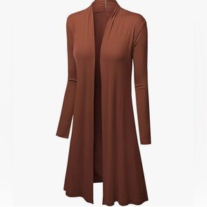 Solid Long Sleeve Open Front Long Cardigan -rust
